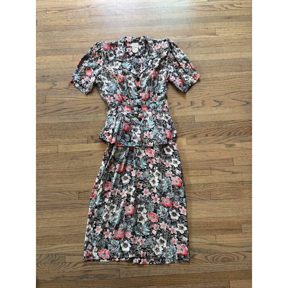 Vintage John Richard Floral Peplum Dress Black Pink Blue Button Front Floral
